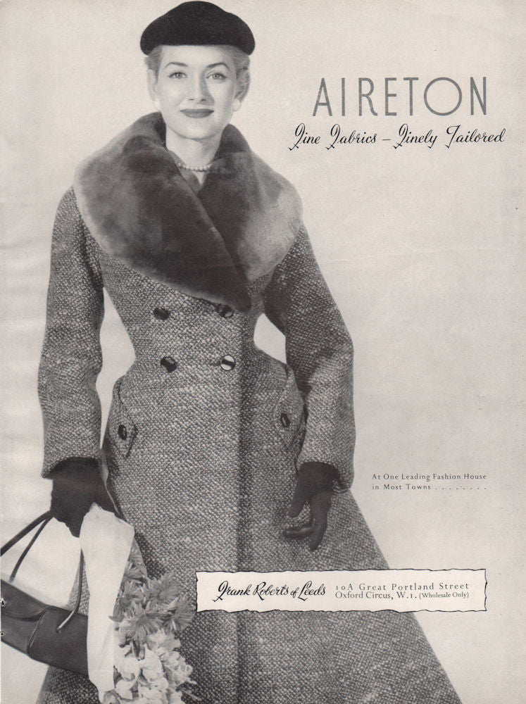 Aireton. Fine Fabrics finely tailored. Frank Roberts, Leeds. Fashion advert 1955